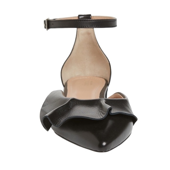 Lewitt Italy Alessia Ruffle Point Toe Ankle Strap Black Leather Flats 35 5 - Picture 11 of 16